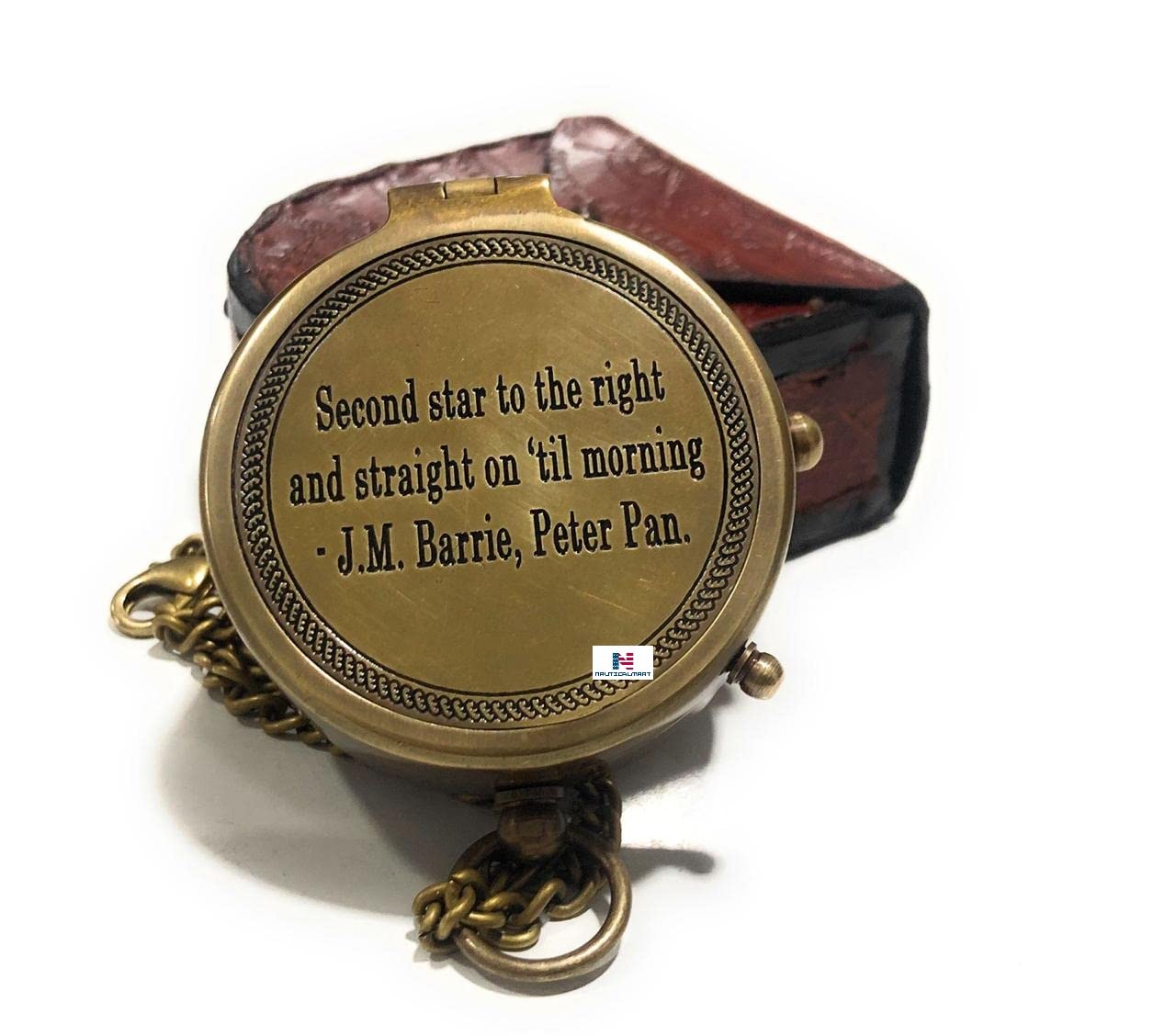 NauticalMart Second Star to The Right J. M. Barrie, Peter Pan Engraved Brass Compass Directional Compass Magnetic Pocket Personalized Gift for Camping, Hiking and Touring
