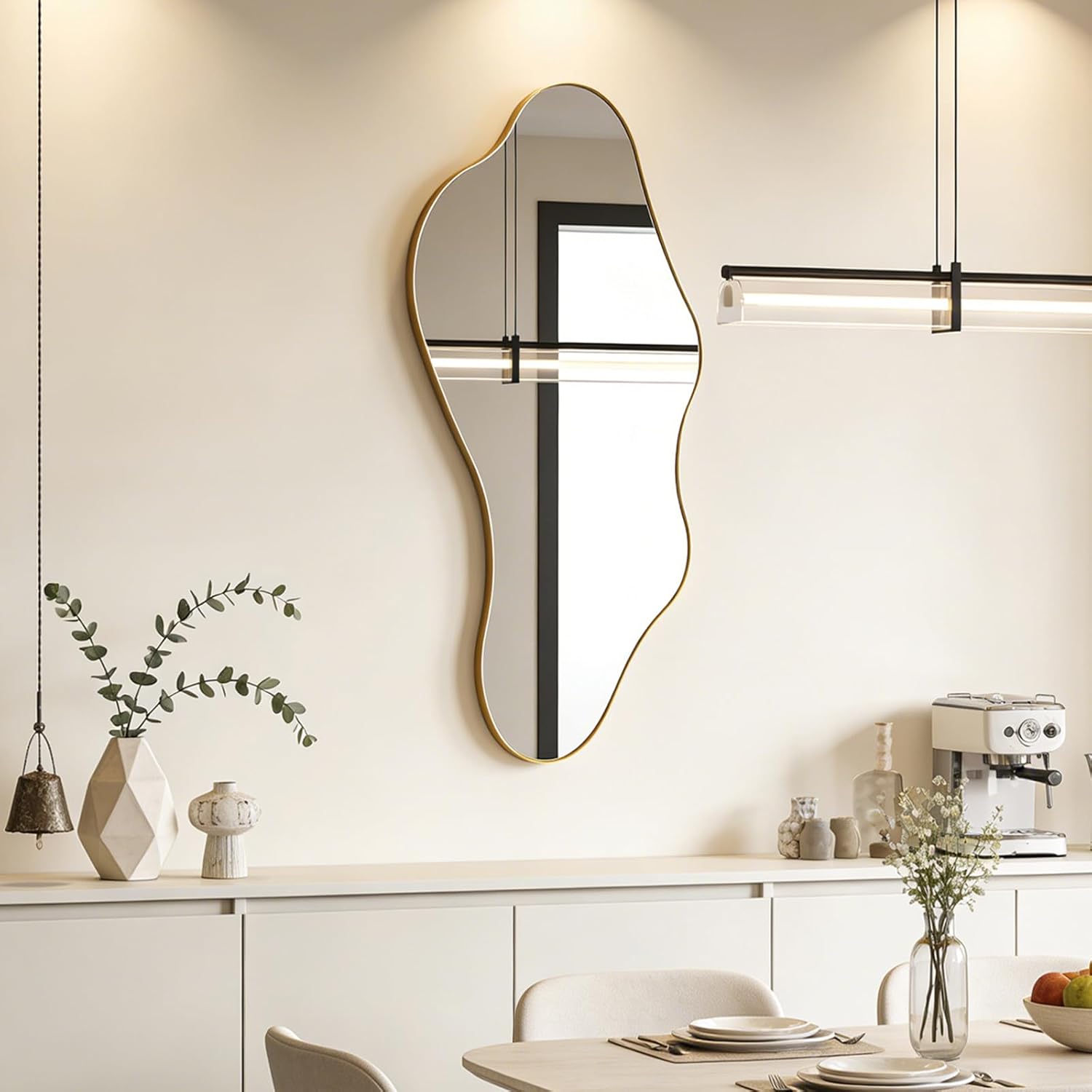 irregular mirror, 40"x18" asymmetrical wall mirror with gold metal frame, odd shaped mirror, modern abstract mirrors for living room bedroom hallway entryway, horizontal or vertical hanging gold 40"l x 18"w