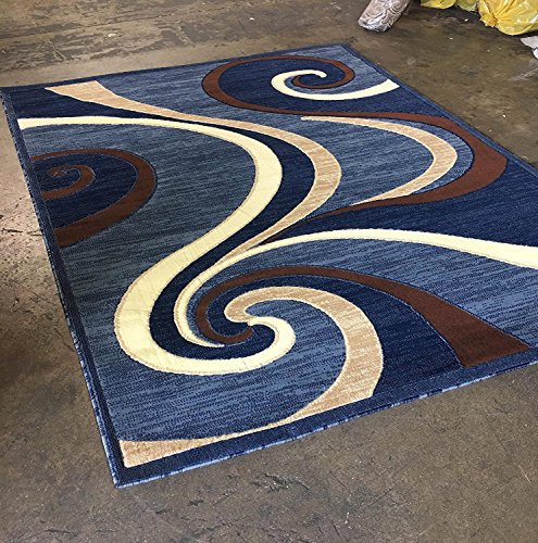 Americana Modern Square Area Rug Blue Brown Swirl Design 144 (5 Feet 3 Inch X5 Feet 3 Inch .Square) #TOP3