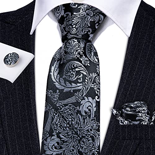 Image of Barry.Wang Men Tie Set Floral Paisley Silk Necktie Pocket Square Cufflinks Formal Wedding Party Business