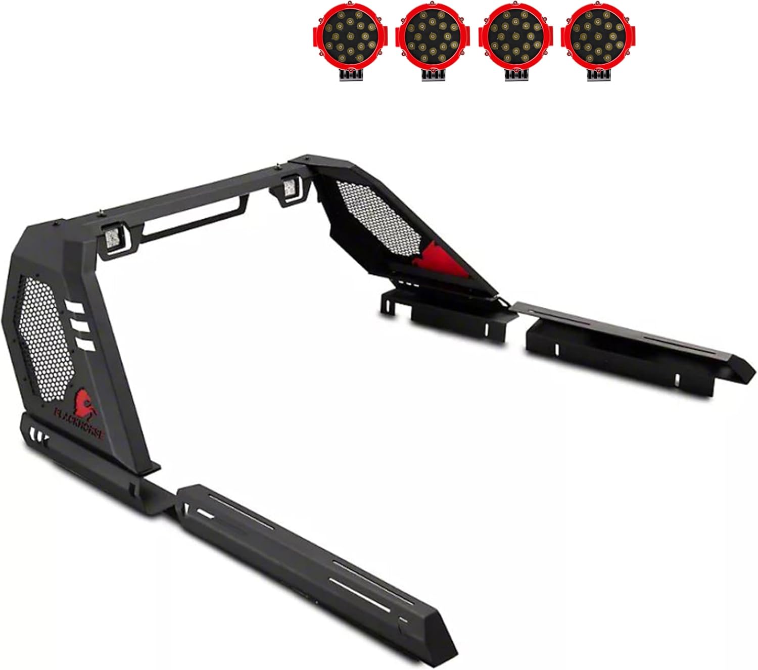Black Horse Vigor Roll Bar w/Pair of 7.0" Dia.LED Lights w/Red Trim Rings Modular Black Compatible with 07-26 Silverado 1500|07-26 Sierra 1500|09-10 Ram 1500|11-26 Ram 1500|09-26 F-150|07-26 Tundra