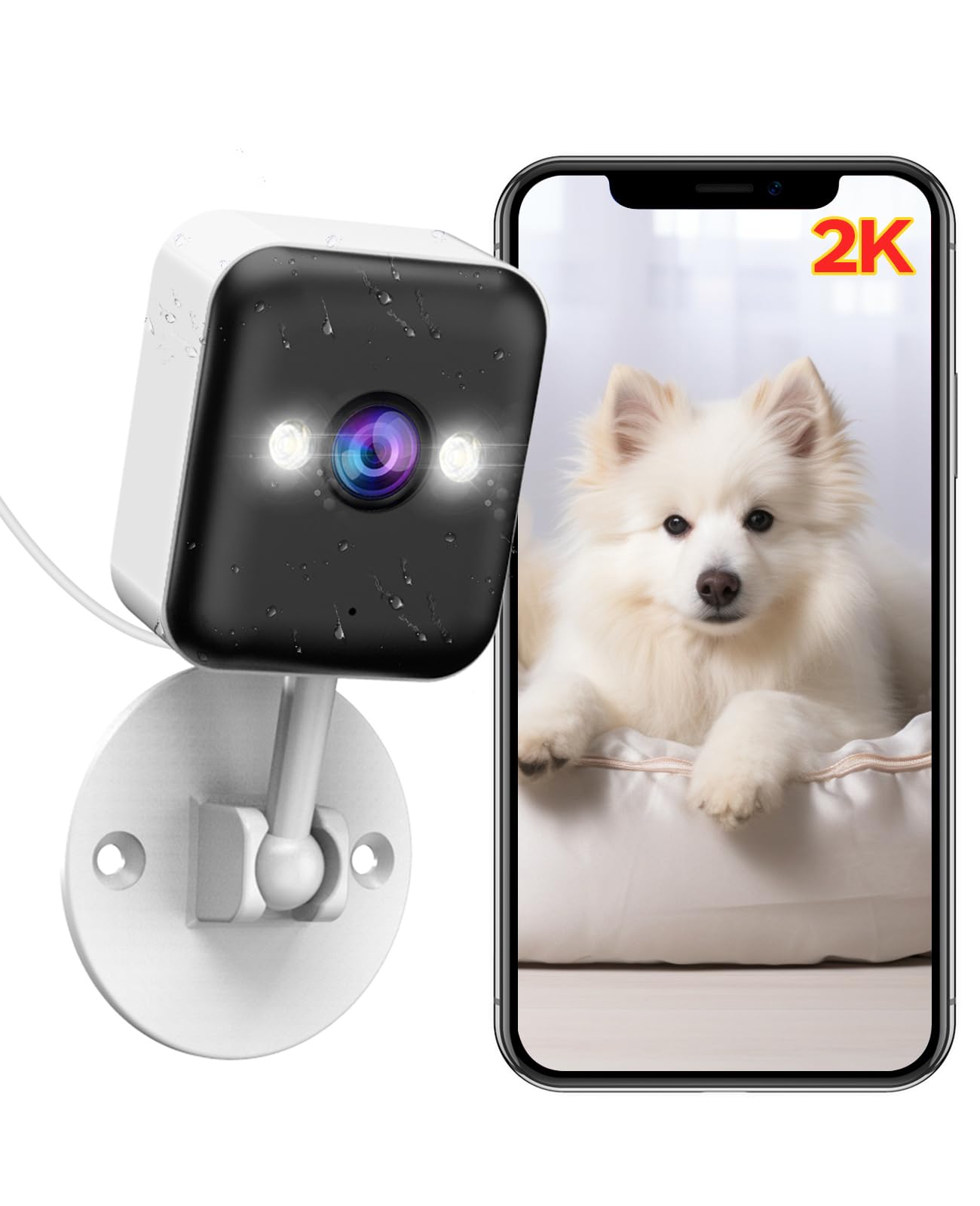 2K Security Camera Outdoor Indoor WiFi 2.4Ghz for Smart Home Surveillance,Plug-in Motion/Cry Detect Alert,3 Night Vision,Share with Family,2 Way Audio Cloud/Card Record,Supports Alexa,No Adapter