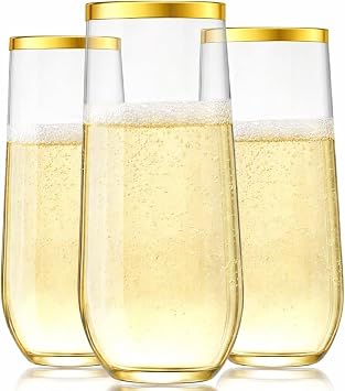 Oojami 24 piece pack 9 oz Champagne Flutes Stemless Disposable cups Unbreakable Crystal Clear Plastic Mimosa Glasses Set of 24 ideal for Wedding Birthday 9 Ounce - Gold Rim