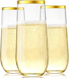 Oojami 24 piece pack 9 oz Champagne Flutes Stemless Disposable cups Unbreakable Crystal Clear Plastic Mimosa Glasses Set of 24 ideal for Wedding Birthday (9 Ounce - Gold Rim)