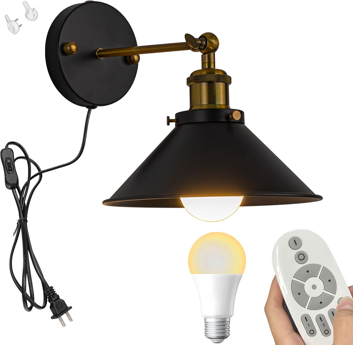 Remote Control Lamp Macaron Black Metal Wall Sconce Adjustable Angle Wall Lamp Lighting Fixture with 5.9ft Plug in Cord,Stepless Dimming & Color Changing - 1 Pack