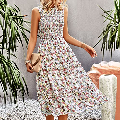 Image of YNIQUE Women's Dress 2023 Summer Casual Boho Dress Floral Print Ruffle Sleeveless High Waist Midi Beach Dresses