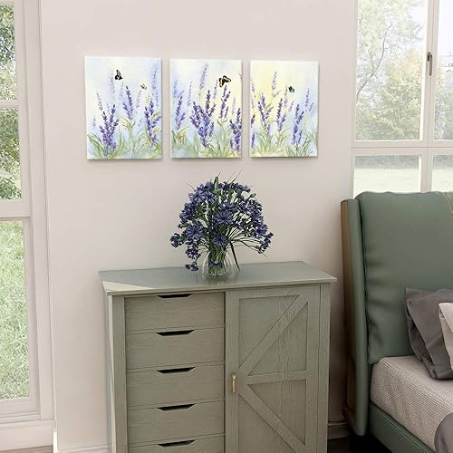 Miniatura 3 de Slody Arte de pared morado con estampado de flores modernas de lavanda, cuadro floral de mariposa, paisaje de primavera, arte botánico enmarcado