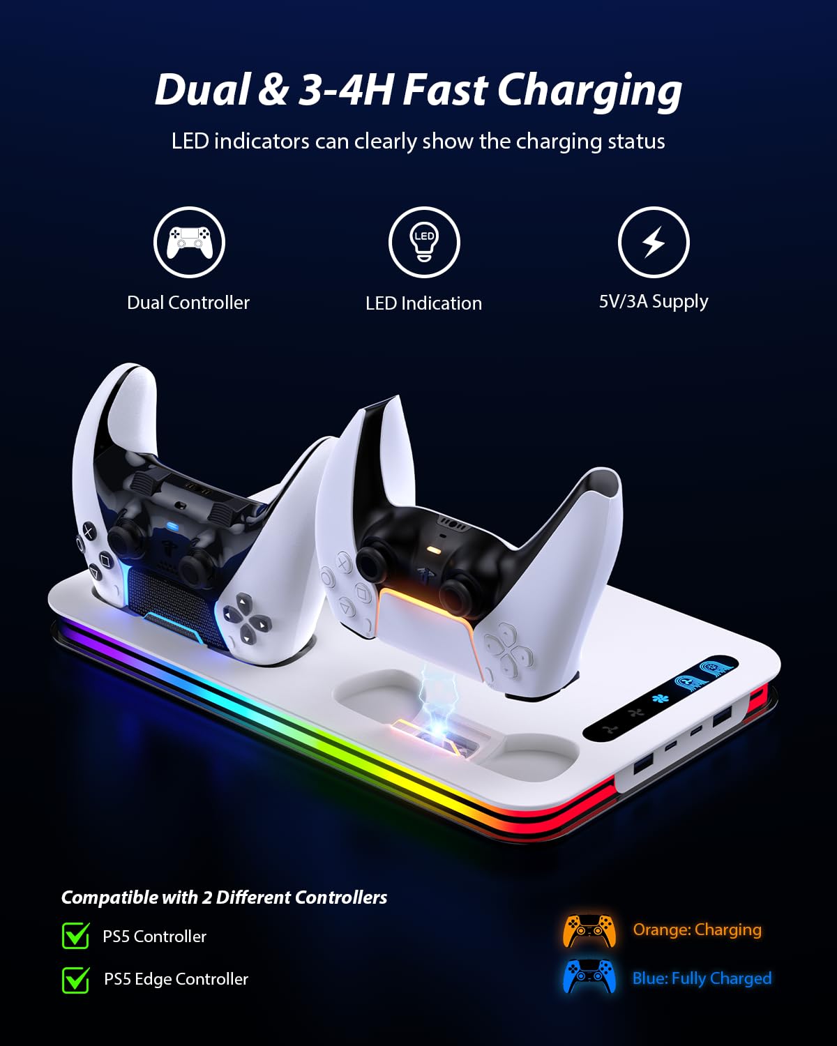 Soporte para PS5/PS5 Slim/PS5 Pro con Ventilador de 3 Velocidades, PS5 Soporte Vertical con 8 Luces RGB y Estación de Carga de Dual Dontrolador 4 Puertos Ranuras de 6 Juegos, Accesorios para P5