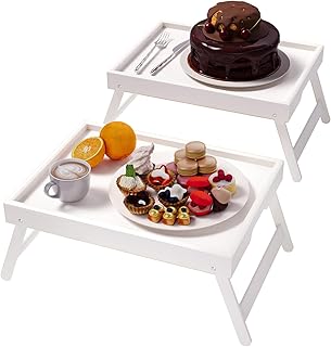 Fibogollo 2 Pack Bamboo Bed Tray Table with Folding Legs,Breakfast Trays,Serving Tray for Food and Snack,Laptop Trays for Working(White)