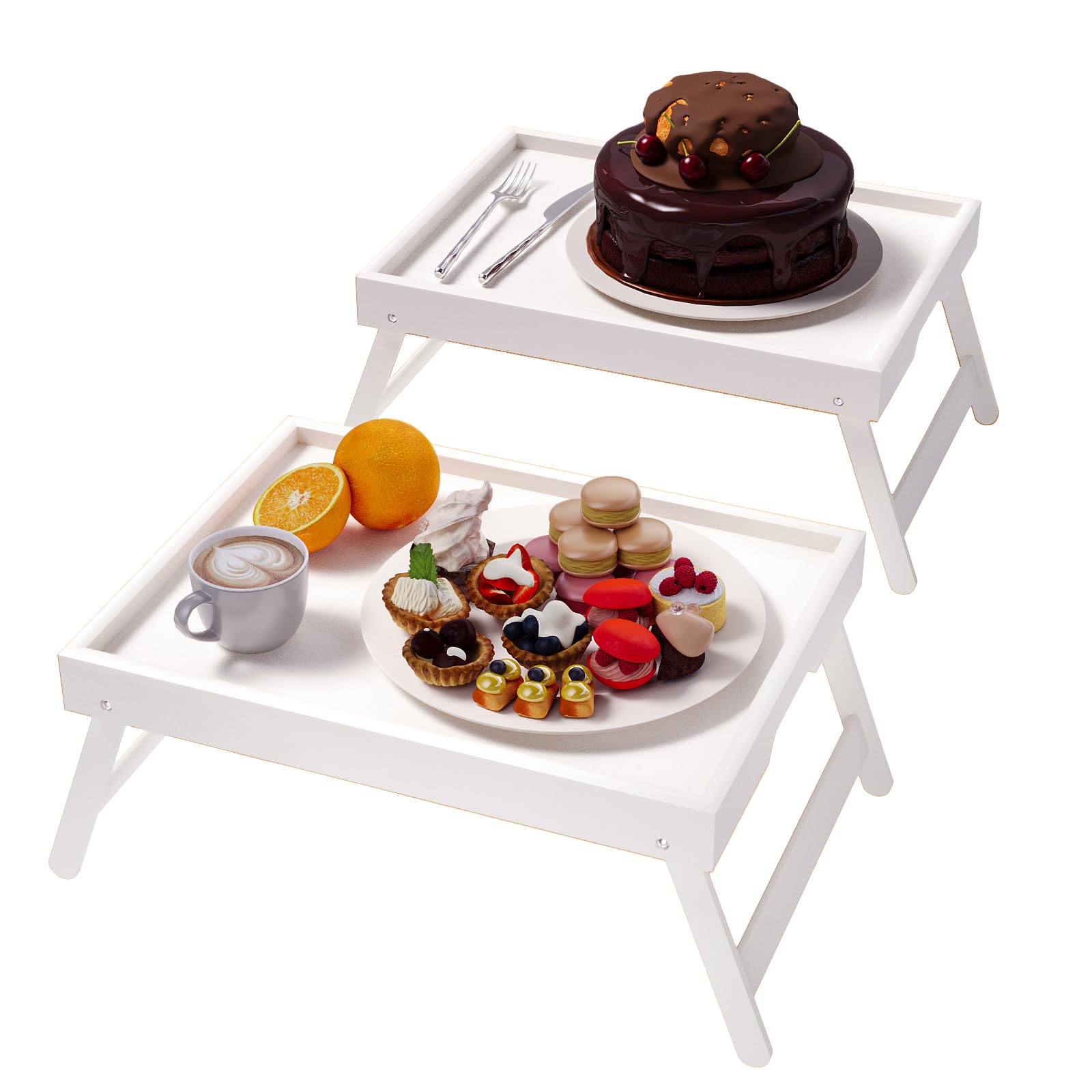 Fibogollo 2 Pack Bamboo Bed Tray Table with Folding Legs,Breakfast Trays,Serving Tray for Food and Snack,Laptop Trays for Working(White)