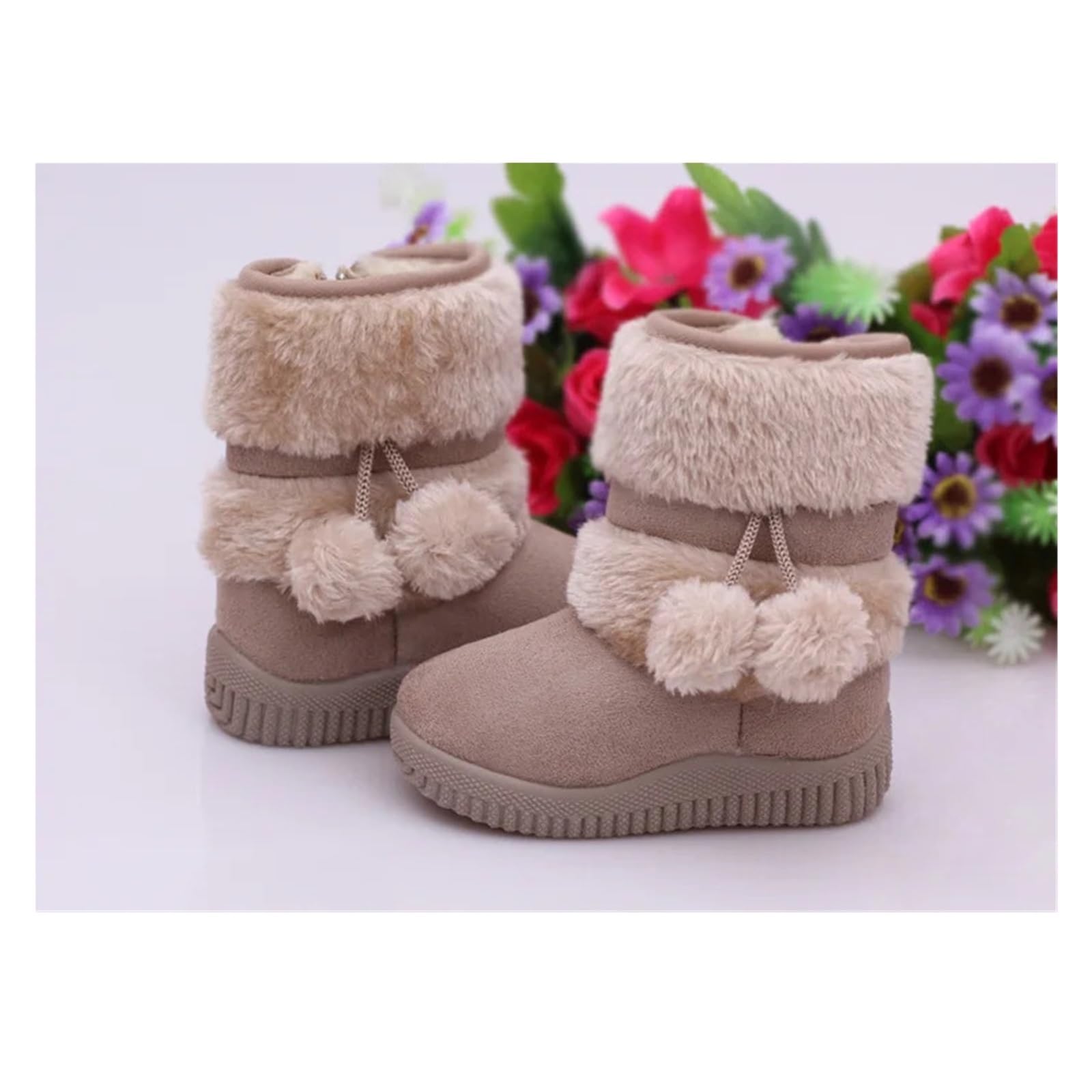 Girls Children Snow Boots – Comfortable Thick Warm Kids Boots with Lobbing Ball Design, Cute Autumn Winter Boots(Beige,21)