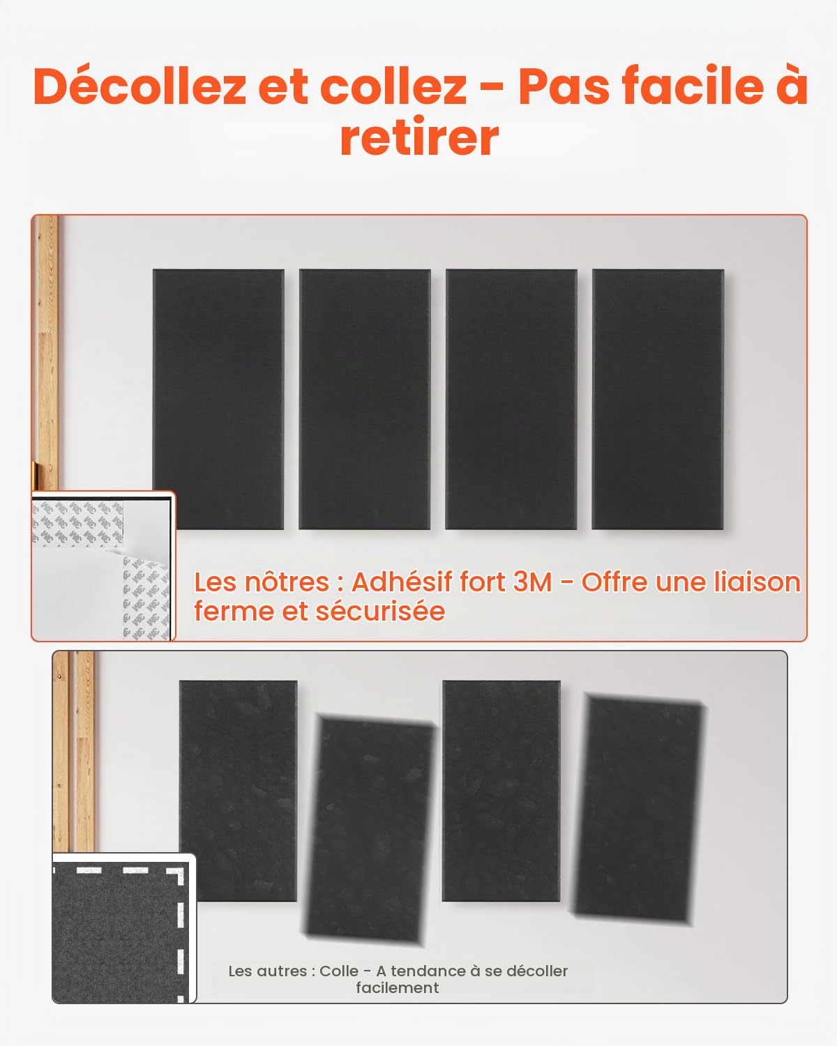 VEVOR Panneau Acoustique Mural Autocollant, Lot de 4, Panneaux Insonorisants Muraux en Fibre de Verre 60x30x5 cm, Isolation Phonique pour Maison, Home Cinéma, Studio, Bureau, Salle de Réunion, Noir