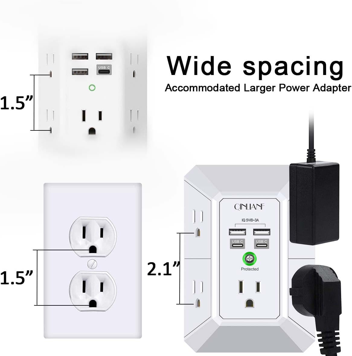 USB Wall Charger, Surge Protector, QINLIANF 5 Outlet Extender with 4 USB Charging Ports(2U2C) 3-Sided 1680J Power Strip Multi Plug Outlets Wall Adapter Spaced for Home Travel Office, White