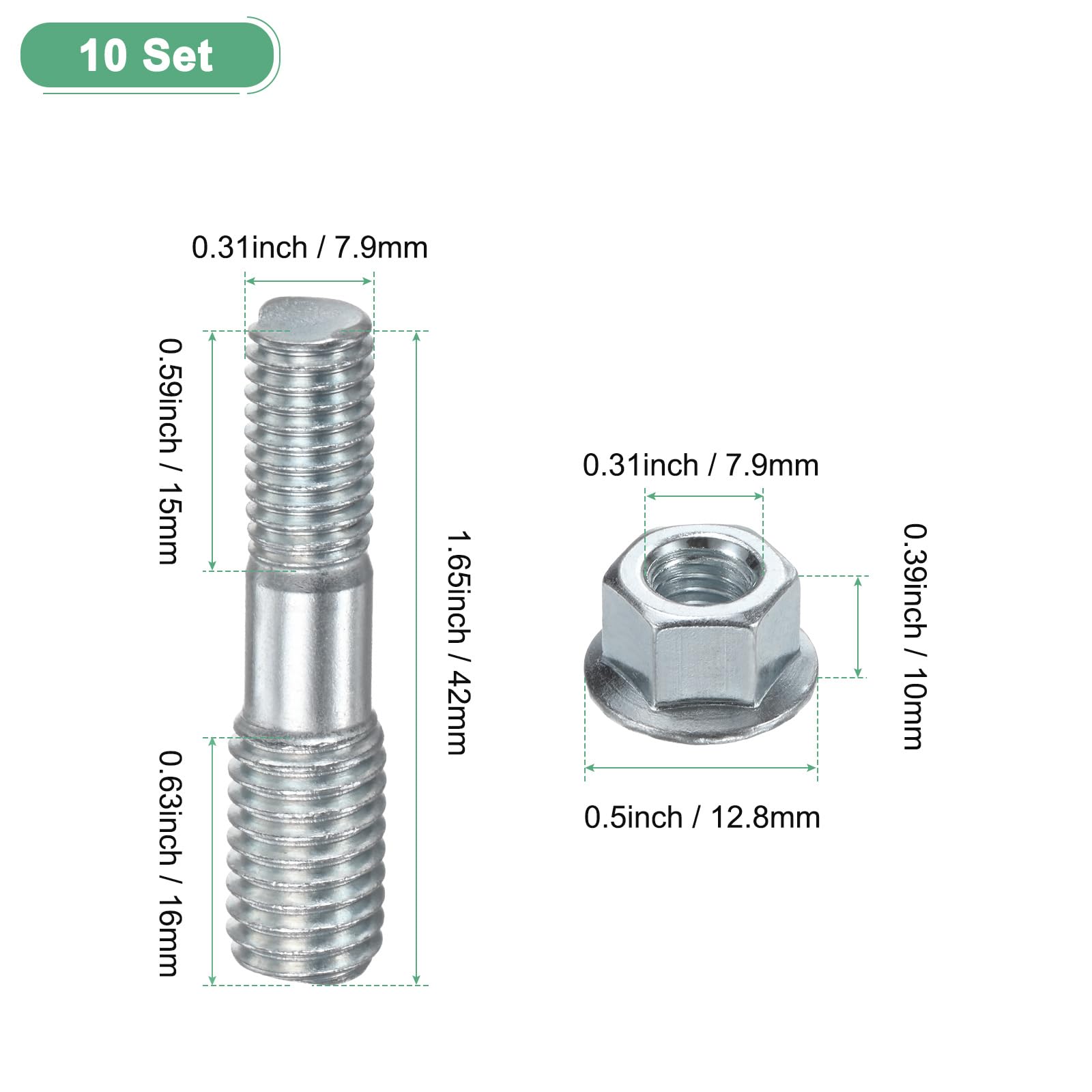 M METERXITY 2-Set Chainsaw Guide Bar Studs & Bar Nuts M8 x 1.25 to M10 x 1.5 Double End Bar Studs with M8 Nuts Manganese Steel for Echo Flange Bar Nuts Kit Replacement - Image 3