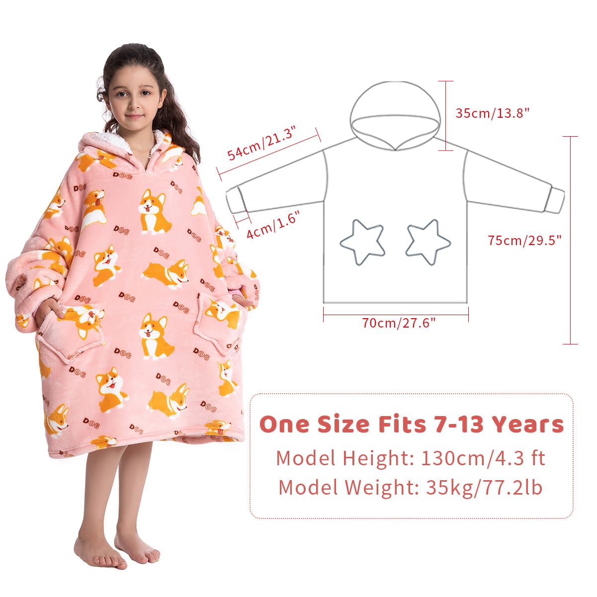 Wenlia Bluza z Kapturem Oversize - Dla Dorosłych, Dzieci, Małych Dzieci, Sherpa, Flanela, Ogromna Pluszowa, Dopasowana, Gruba, Dla Rodziny, Corgi 7-13