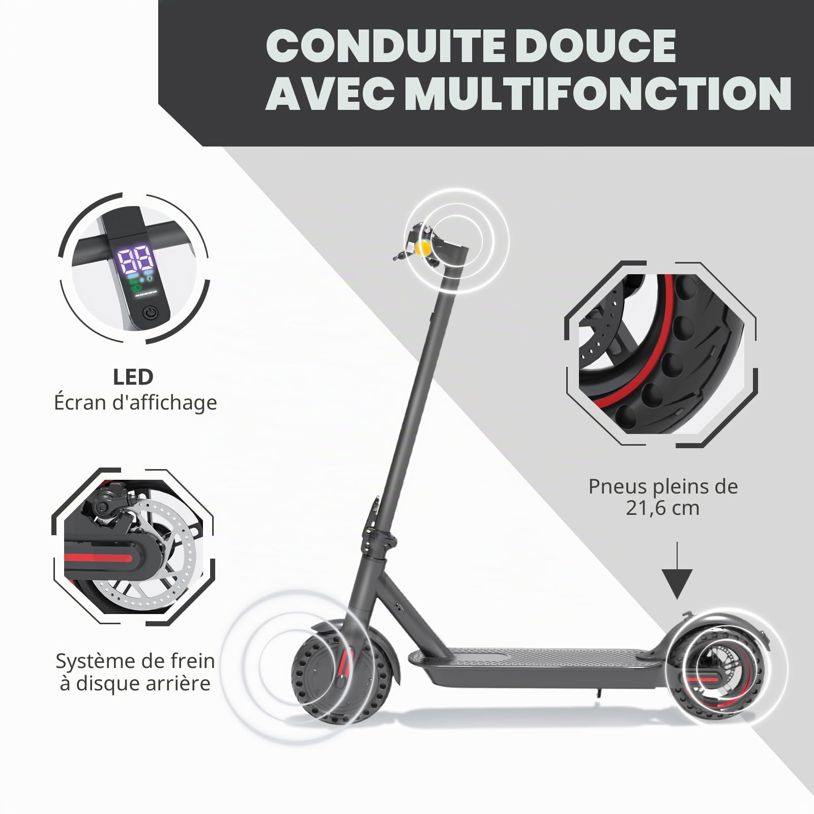 Trottinette Electrique Adulte, Moteur 350 W, 25 km/h, Autonomie 30 km, Trotinette électrique Pliable, Pneus de 8,5'', Affichage LED & APP, Freins à Disque.