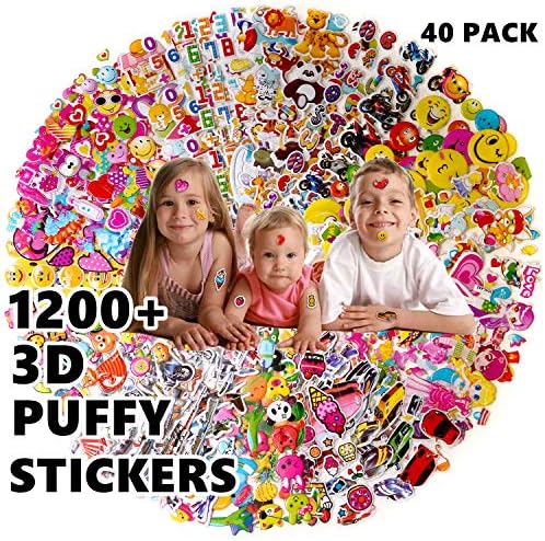Stickers for Kids&Toddler 1200+,40 Different Sheets Stickers,3D Puffy Stickers for Girl Boy Birthday Gift,Kids Scrapbooking,Including Cute Fish,Animals,Butterflies,Cars and More