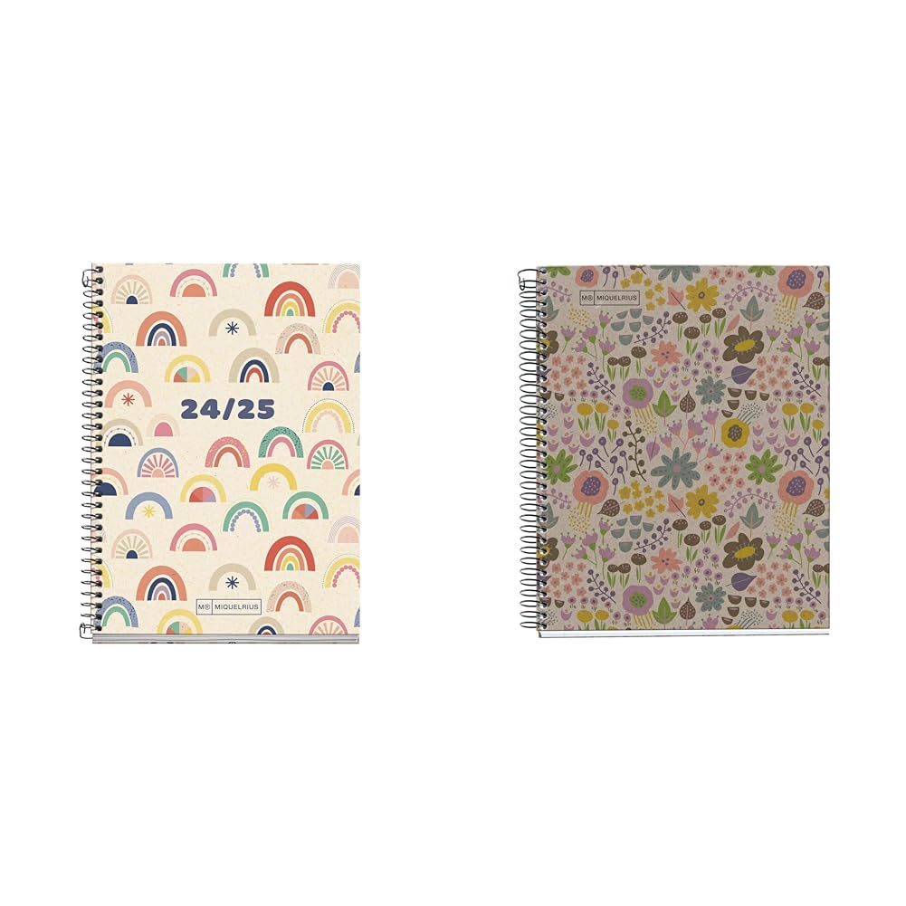 Lote de Miquelrius - Agenda Escolar 2024-2025, 117 x 174 mm, Día Página, Agenda Reciclada, Eco Arcoíris + Cuaderno A5 Reciclado, 80 Hojas de 80 g/m², Cuadrícula 5 mm, Eco Flores