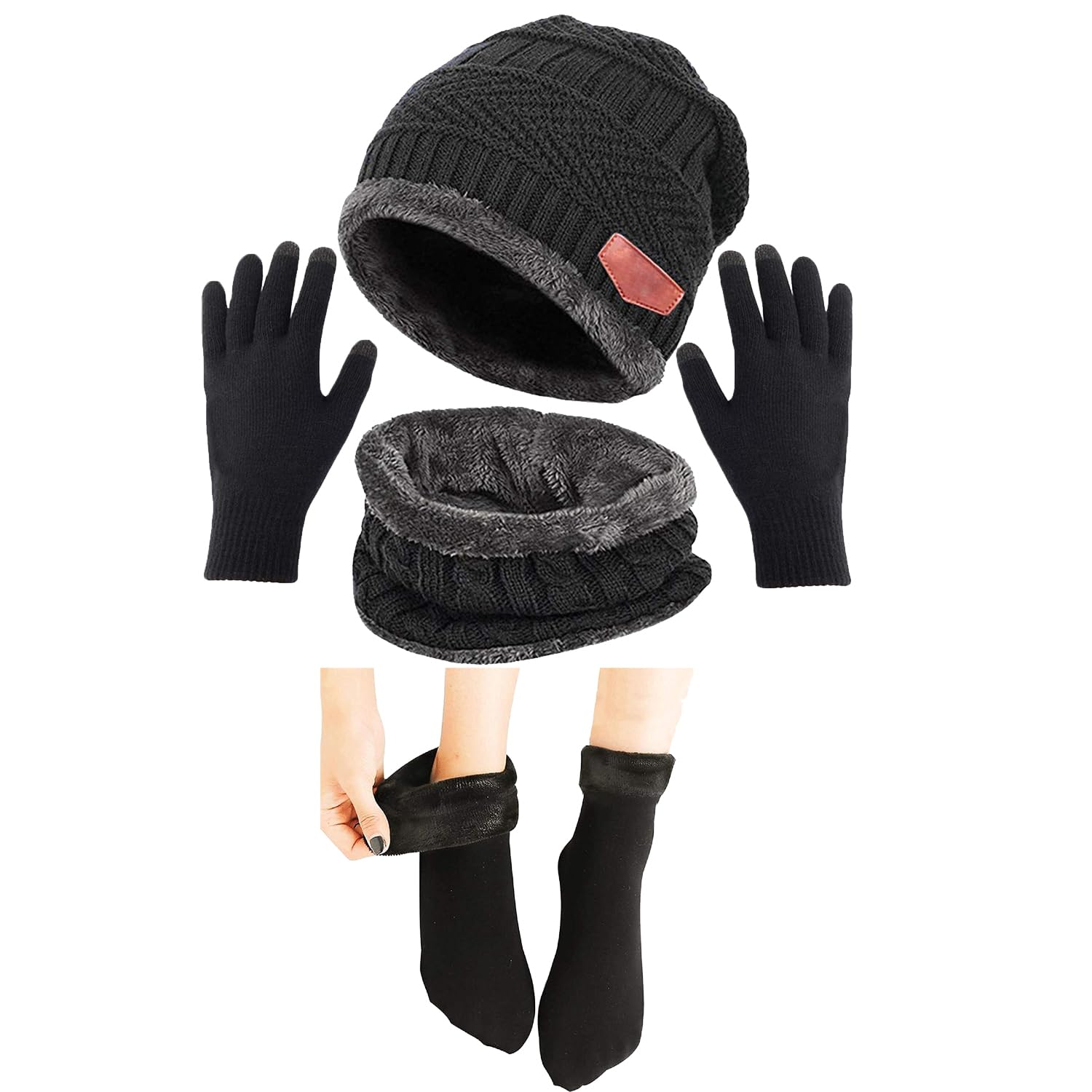 Aadikart Mens & Women Woolen Cap Neck Warmer Beanie Set with Woolen Touch Gloves and Fur Socks-image-3