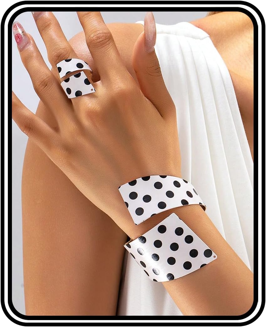 Polka Dot Cuff Bracelet and Ring Set, 2 Pcs Black and White Oversized Open Bangle Retro Vintage Statement Bold Aesthetic Jewelry Gifts