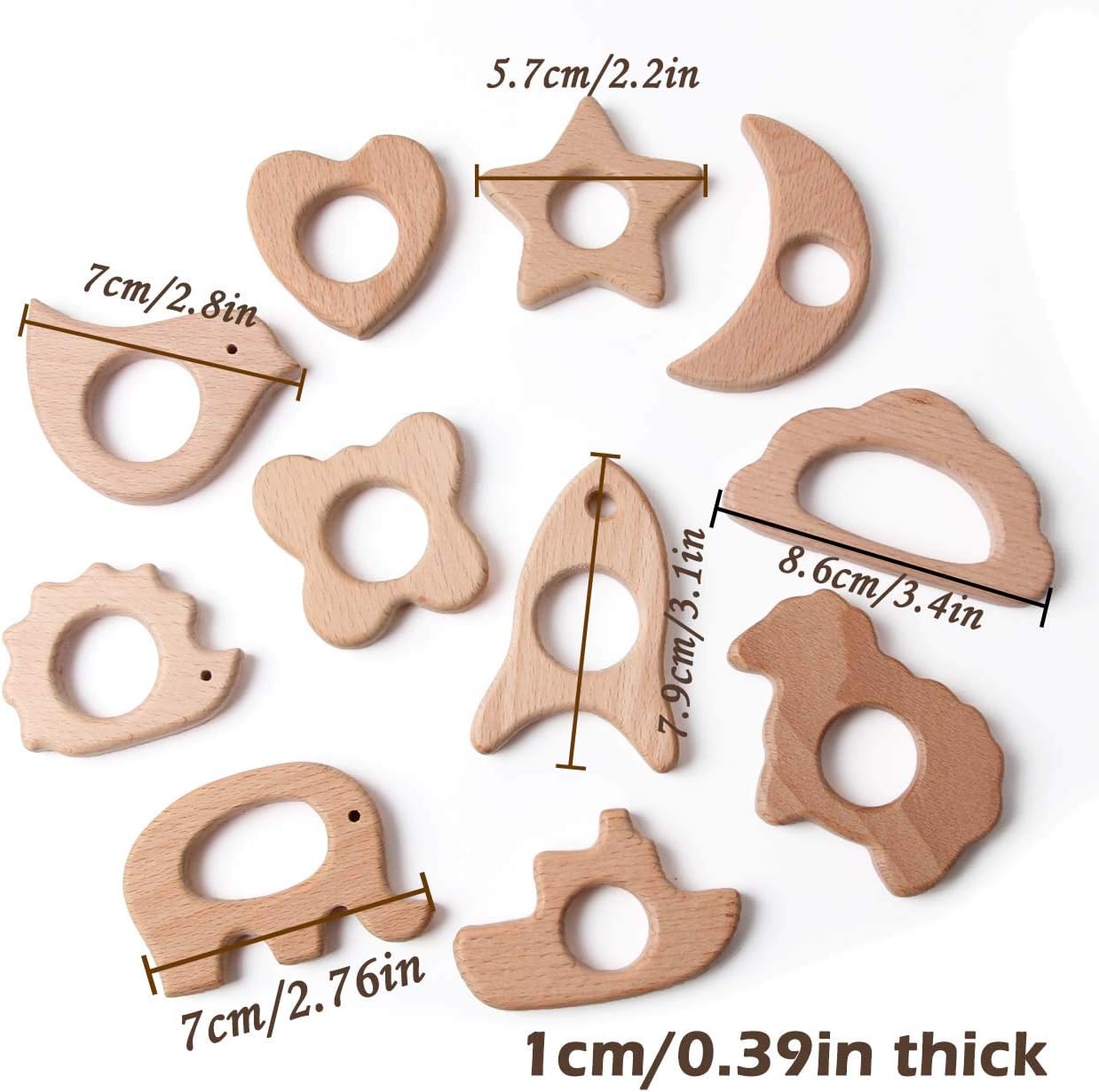 Wood Teethers for Babies DIY Necklace and Bangles Soothes Gum Pain Molar Teething Wood, Bird Elephant Sheep Moon Rocket Butterfly Star Heart Hedgehog Ship Cloud