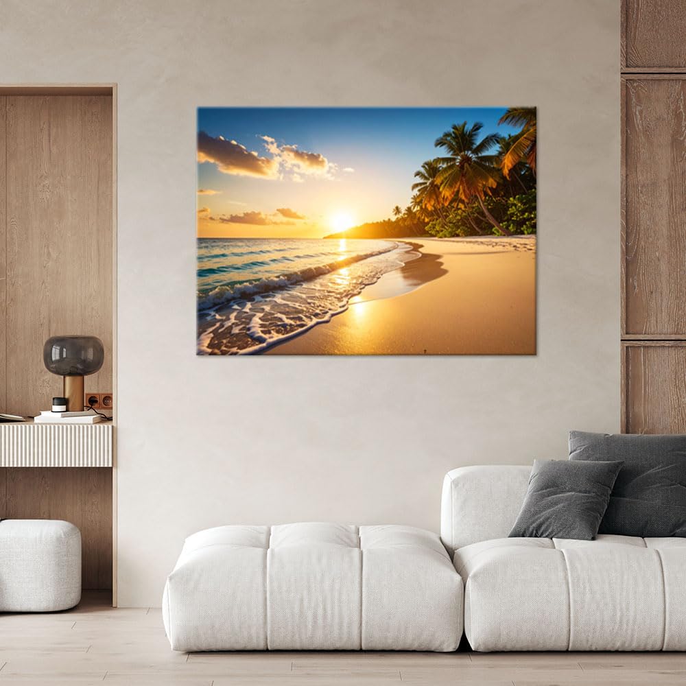 Feeby Leinwand Bilder - Bild Wohnzimmer - 100x70 1tlg - Deko Schlafzimmer Groß - Dekoration Canvas - Gemälde - Modern Wandbilder - Kunstdruck - Sonnenuntergang Strand Meer
