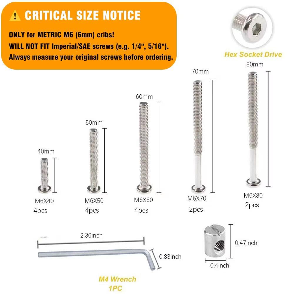 Crib Screws Hardware Replacement Kit – 16 Set M6 Hex Drive Socket Cap Barrel Nuts Assortment Kit for Baby Bed Cribs Furniture, M6x40/50/60/70/80mm