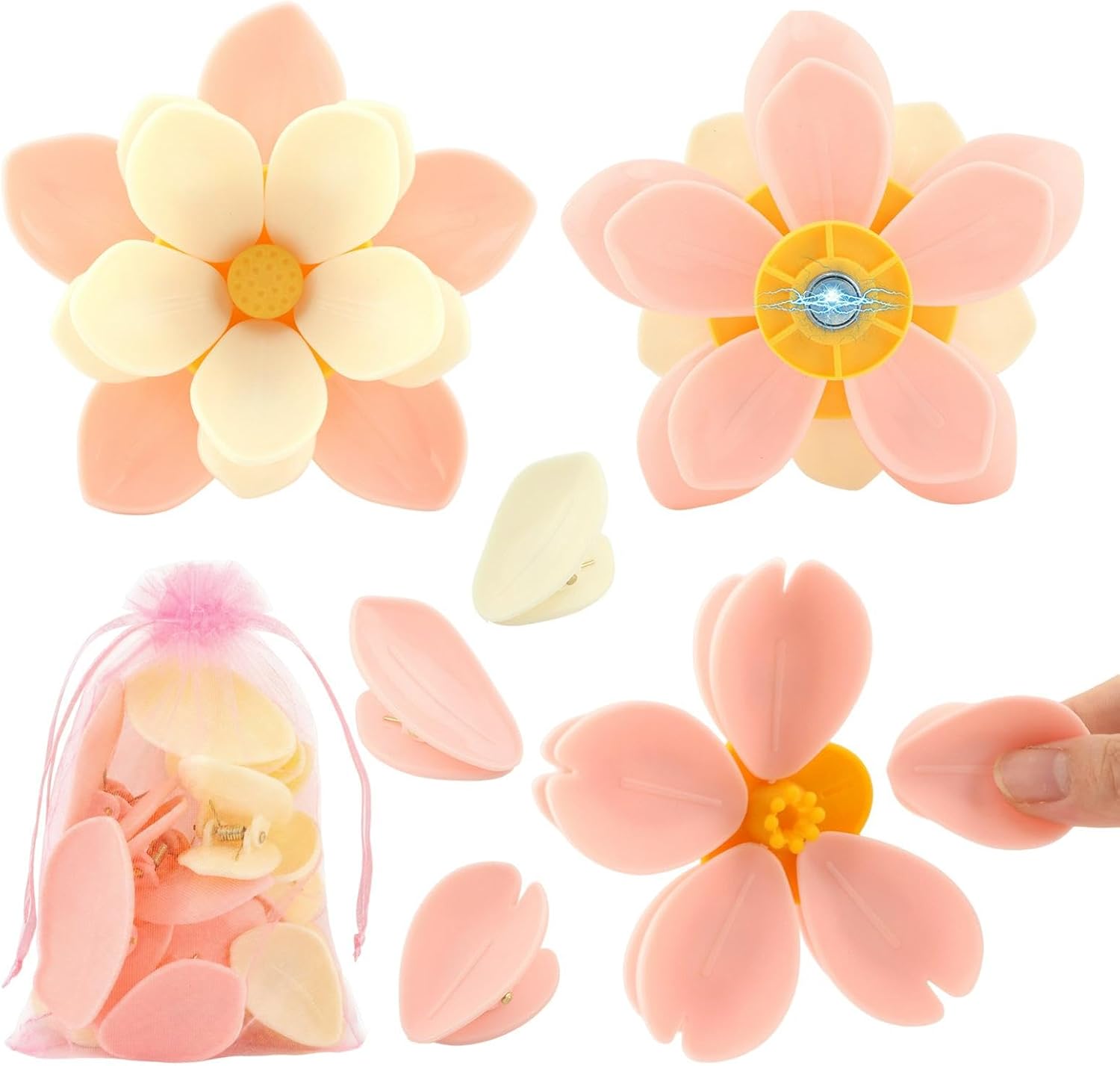 4 Pack Cherry Blossom Magnetic Bag Clips, Pink Sakura Bag Sealing Clips with Strong Magnets, Cute Decorative Fridge Magnet Clips for Snack Bags and Kitchen Storage, Includes Pink Organza Gift Pouch