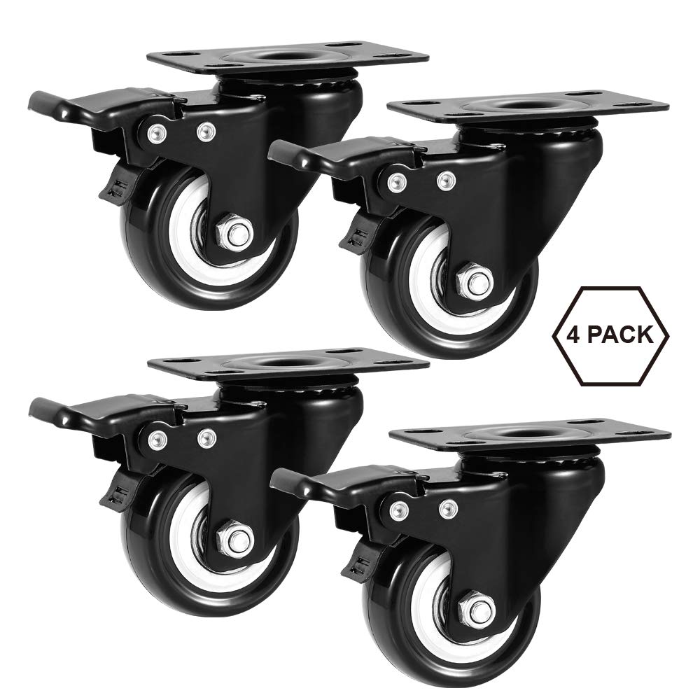 2" Caster Wheels Set of 4, Heavy Duty Casters with Brake, No Noise Locking Polyurethane (PU) Wheels, Swivel Plate Castors Pack 4