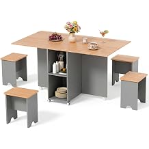 Warmiehomy Folding Dining Table and Chairs Set 4, Natural & Grey