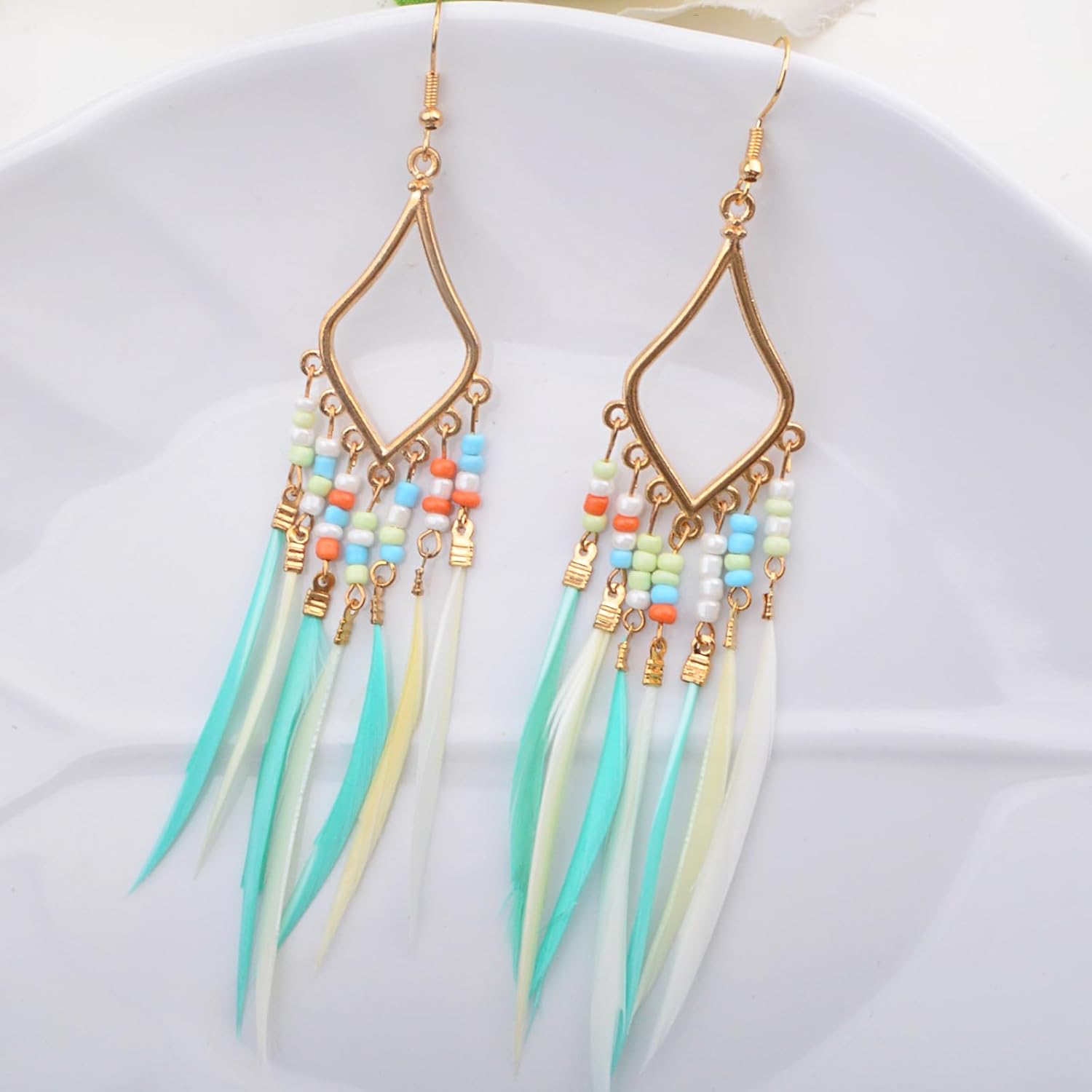 3 Pairs Bohemian Earrings for Women Long Beaded Feather Tassel Dangle Earrings Retro Multicolor Fringe Drop Earrings with Seed Beads Handmade Statement Jewelry Gift Set - Image 3