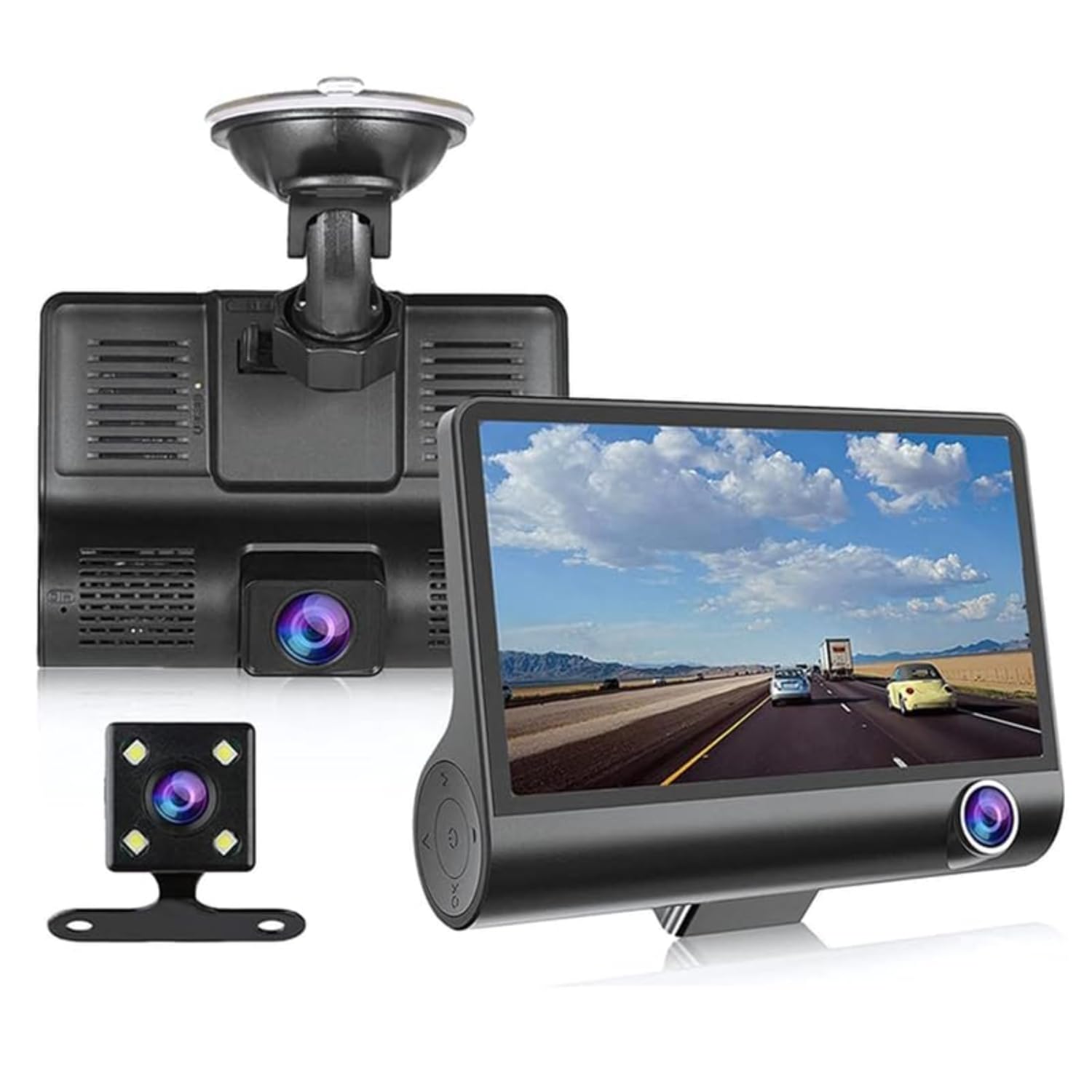 (5 Year Warranty) 3 Channel Dash Cam 1080P, Front, Inside & Rear Camera with G-Sensor, Loop Recording, Parking Monitor - for Car Safety