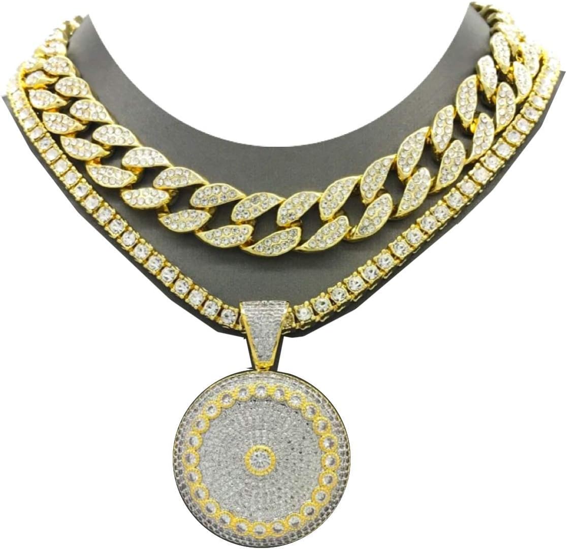 Pyramid JewelerMens Iced Out Hip Hop Pendant Miami Cuban Chain Double Necklace, Metal, Cubic Zirconia