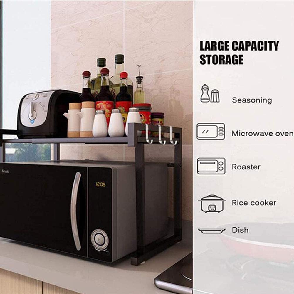 Soporte ajustable de 2 niveles para microondas con estante expandible, 3 ganchos y encimera de cocina negra para espacios pequeños (41,5 60 cm)