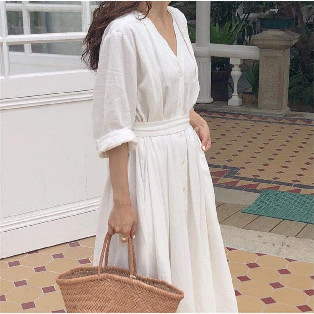 WWESDXCR New Women'S Dress Spring And Summer Cotton And Linen Elegant Pleated Long White Dress, One Size