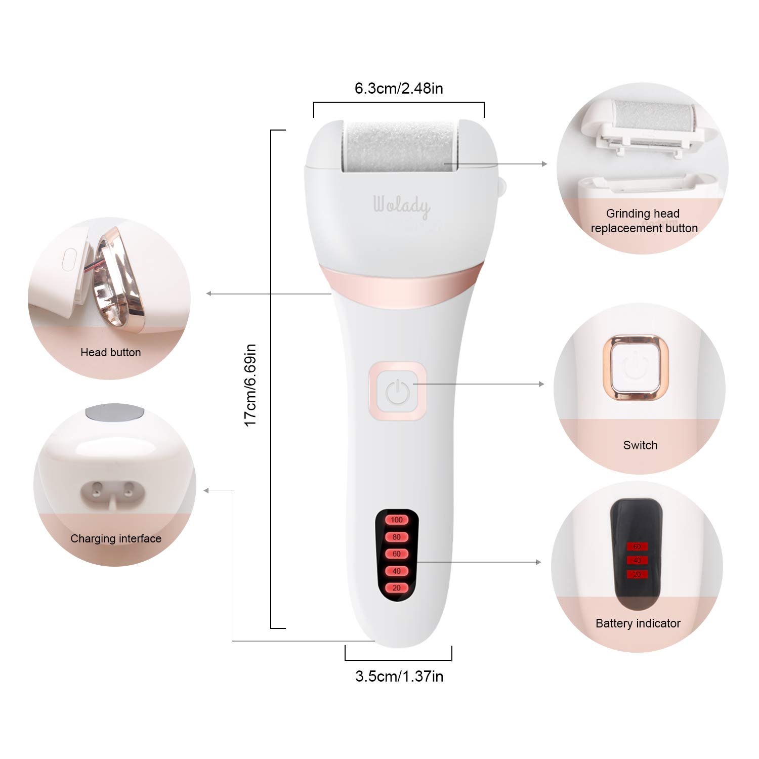 Lima Electrica Pedicura Profesional Recargable Wolady IPX7 Impermeable Eliminar Callos Pies Durezas Cuidado Lima Blanca de Metal, 3 Recambios 5 Niveles Bateria 1200MAH 2 Velocidades