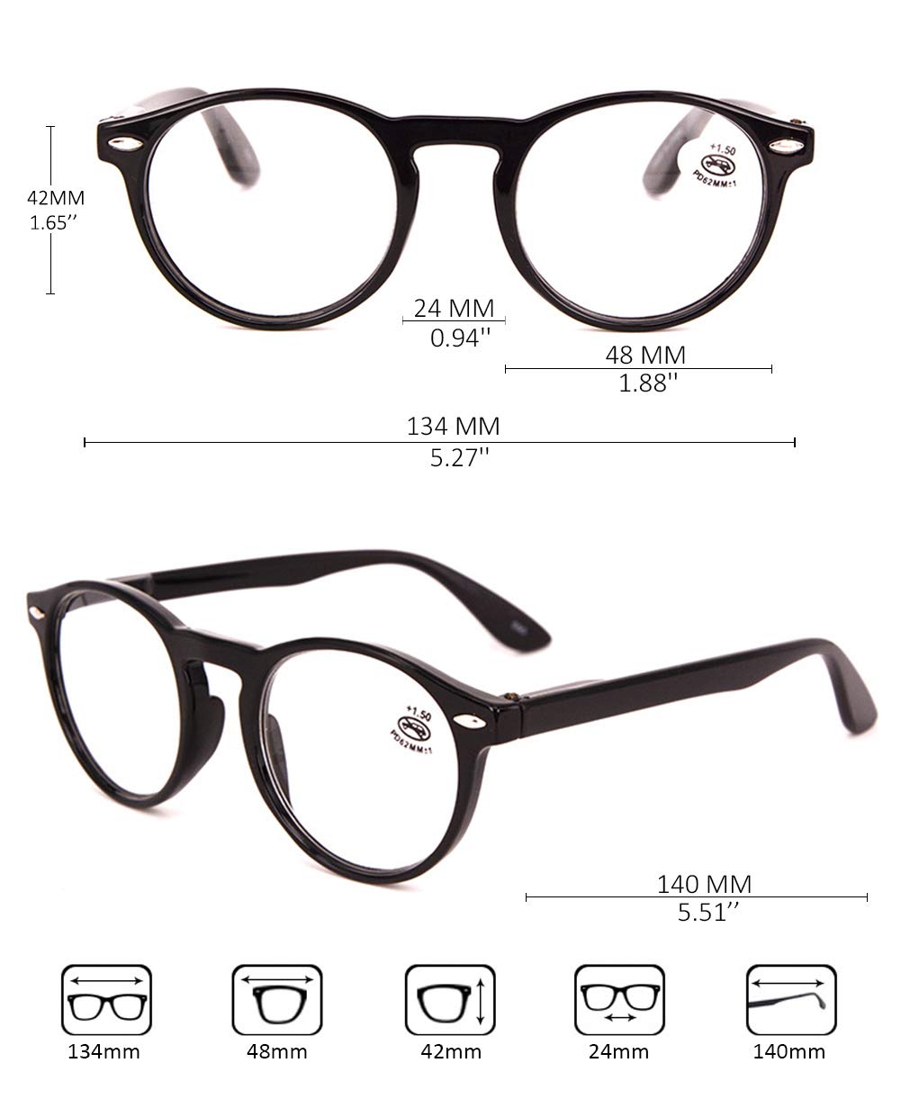 KOOSUFA Lesebrille Herren Damen Retro Runde Nerdbrille Lesehilfen Sehhilfe Federscharniere Vollrandbrille Anti Müdigkeit Brille mit Stärke 0.0 1.0 1.5 2.0 2.5 3.0 3.5