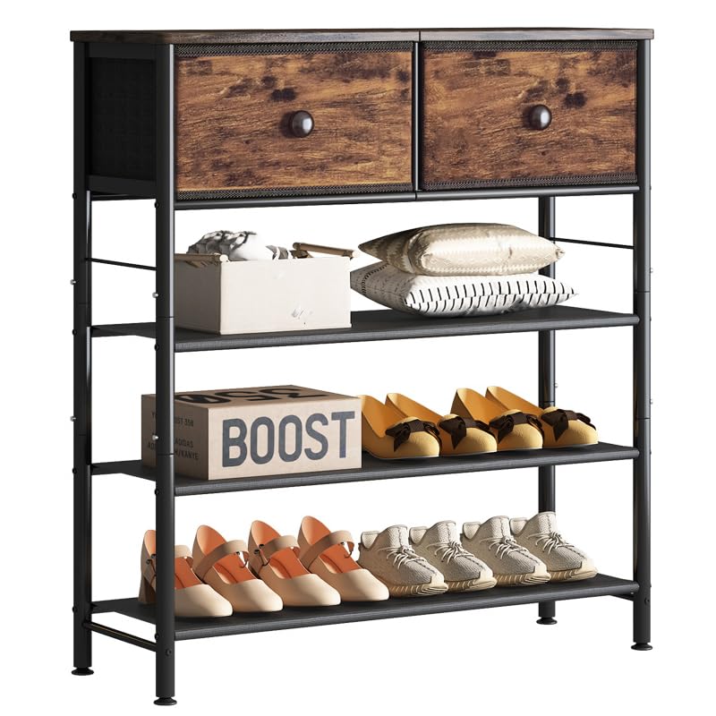 Image of INGIORDAR Shoe Rack Organizer 5 Tier Metal Organizer Shelf with Industrial MDF Board and Layer Fabric for Entryway Closet Bedroom Living Room Garage (Black+Rustic Brown, 4 Tier with 2 Drawers)