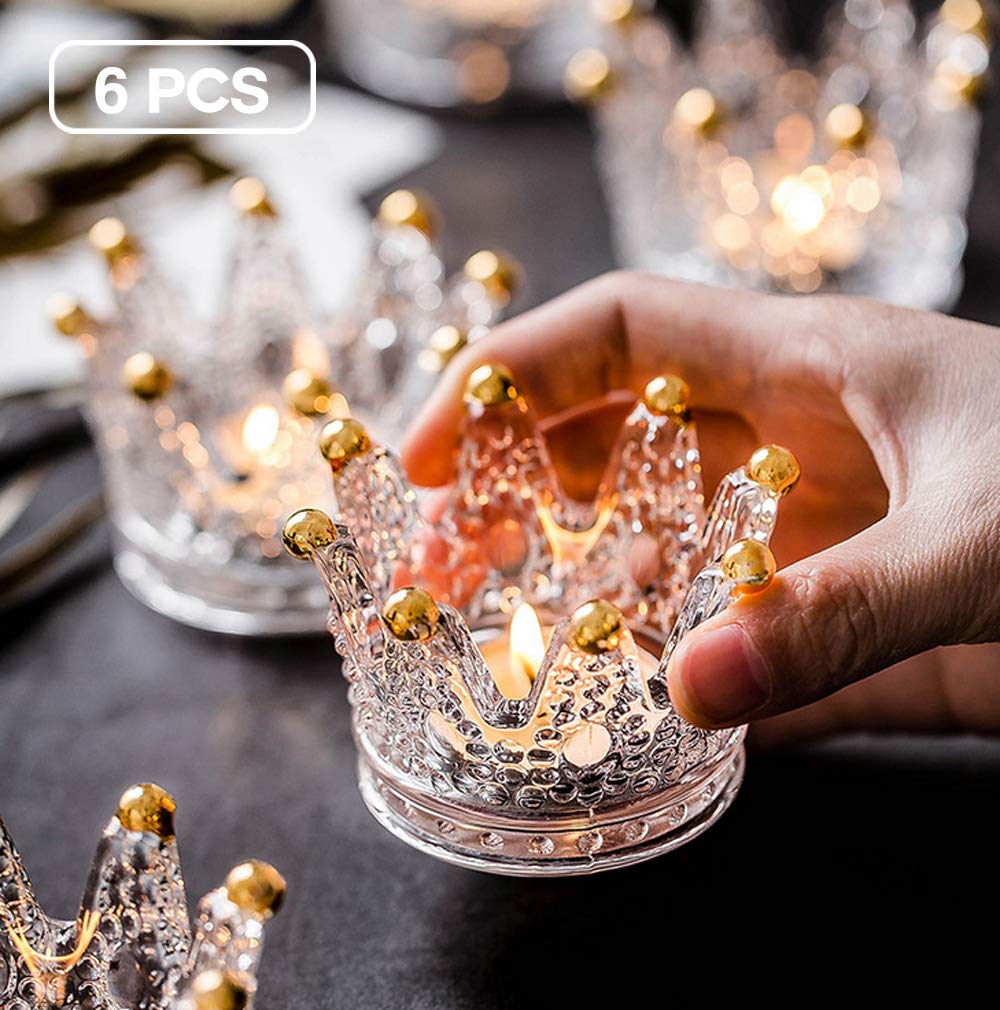 VixdonosVotive Candle Holders Set of 6 Crown Glass Tealight Candle Holder for Wedding, Party and Home Decor (Gold)