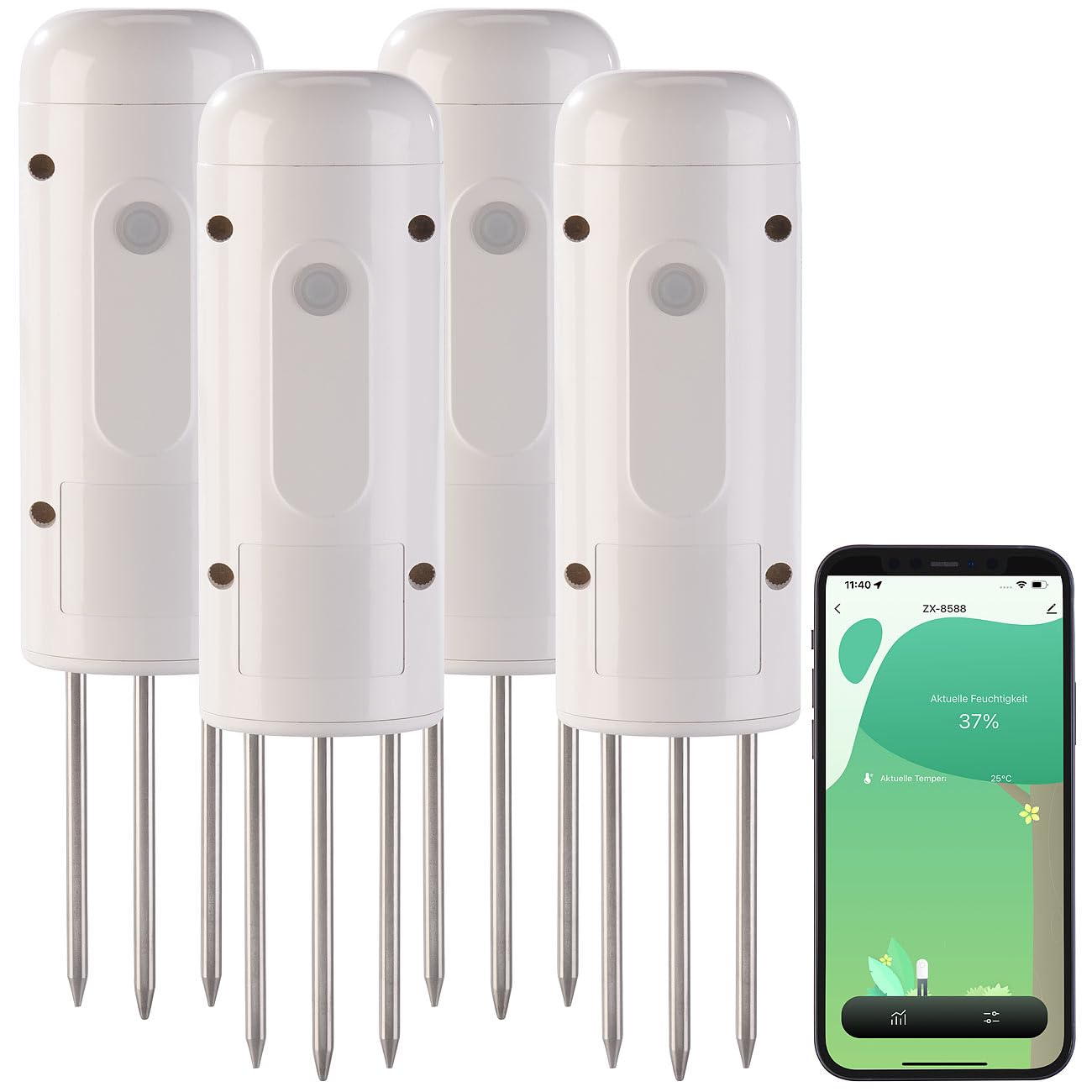 Luminea Home Control Feuchtesensor: 4er-Set smarte ZigBee-Boden-Feuchtigkeits- & Temperatursensoren (Bodensensor, Temperatursensor TUYA, Pflanzen Sensor)