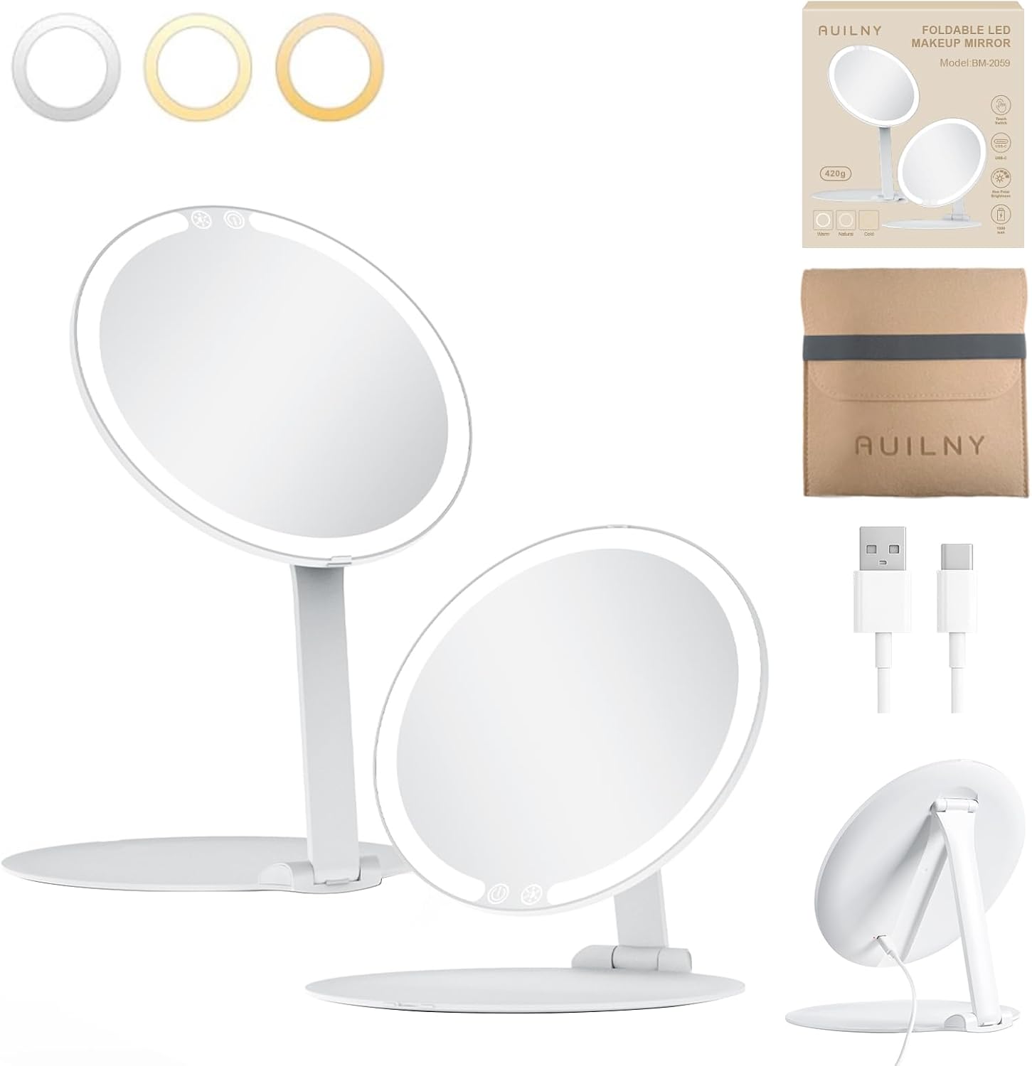Makeup Mirror, Vanity Mirror with Lights, Touch Control, 3 Colored Lights, Portable & Foldable, Dual Power Supply, Birthday Gifts for Women, Wife, Mom, Girls, Dorm Room