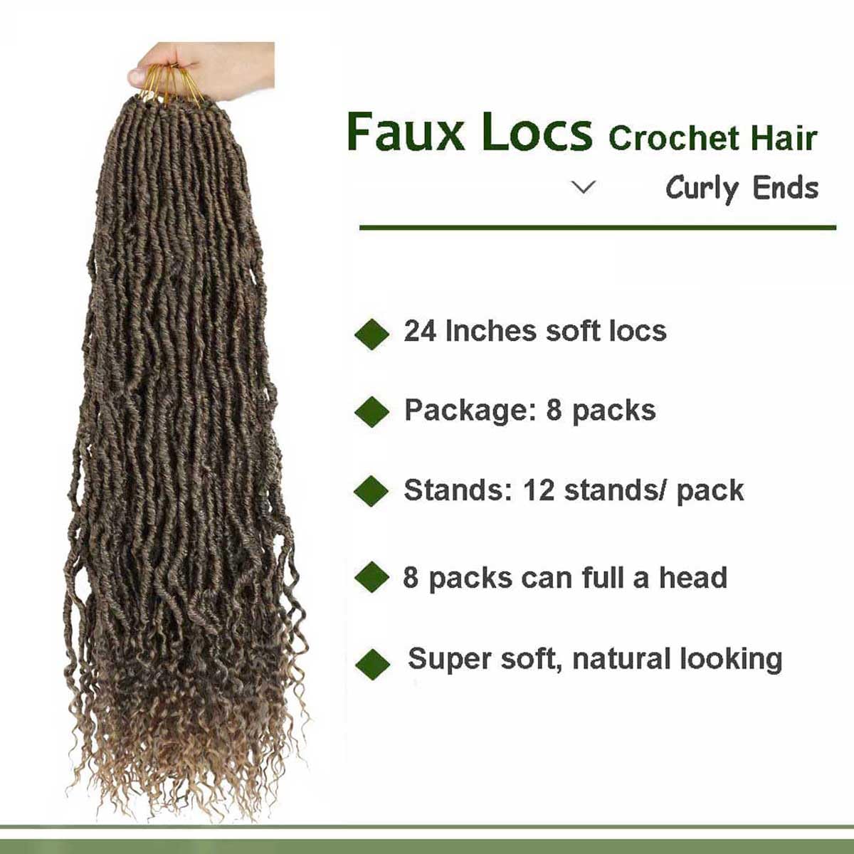 8 Packs Faux Locs Crochet Hair Curly Ends 24 Inch Soft Locs Crochet Braids Boho Crochet Bohemian Locs Hair for Women (24inch(pack of 8), T27)