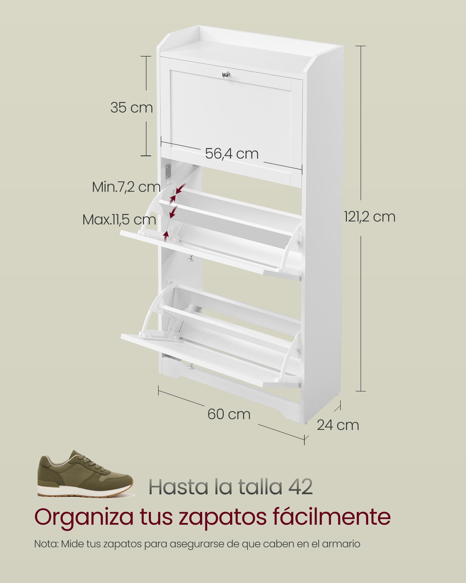 VASAGLE Armario Zapatero con 3 Solapas, Zapatero, Zapatero, Estante Superior, Divisor Ajustable, para hasta 12-20 Pares de Zapatos, Pasillo, 24 x 60 x 121,2 cm, Color Blanco Nube LBC036WB01
