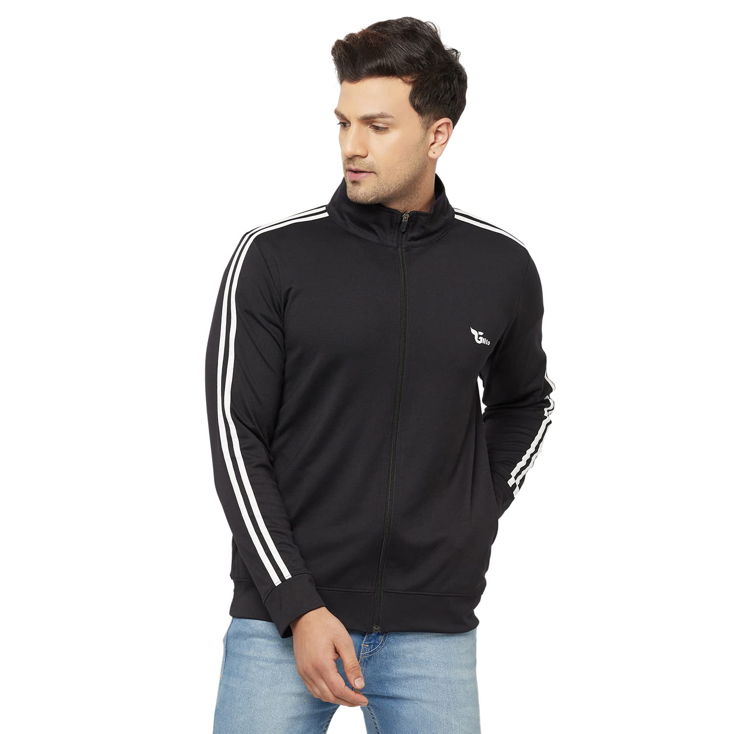 GlitoMens Zip Top Polyester White Side Stripe Black Standard Length Bomber Upper | Full Sleeves, High Neck | Winter Wear | Side Pockets | Regular Fit | Track Top for Travelling, Gym & Sports Wear