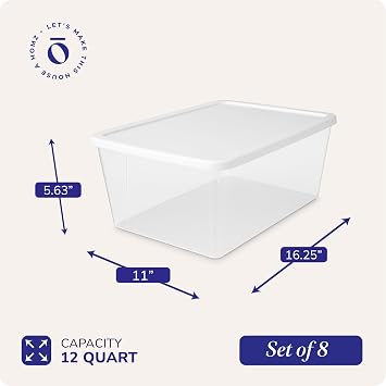 HOMZ 8-Pack Snaplock, Small Clear Plastic Storage Organizer Bins w/ Lids, 12 Quart, White - Stackable Container Boxes for Bedroom, Bathroom, Garage, and Office Organization