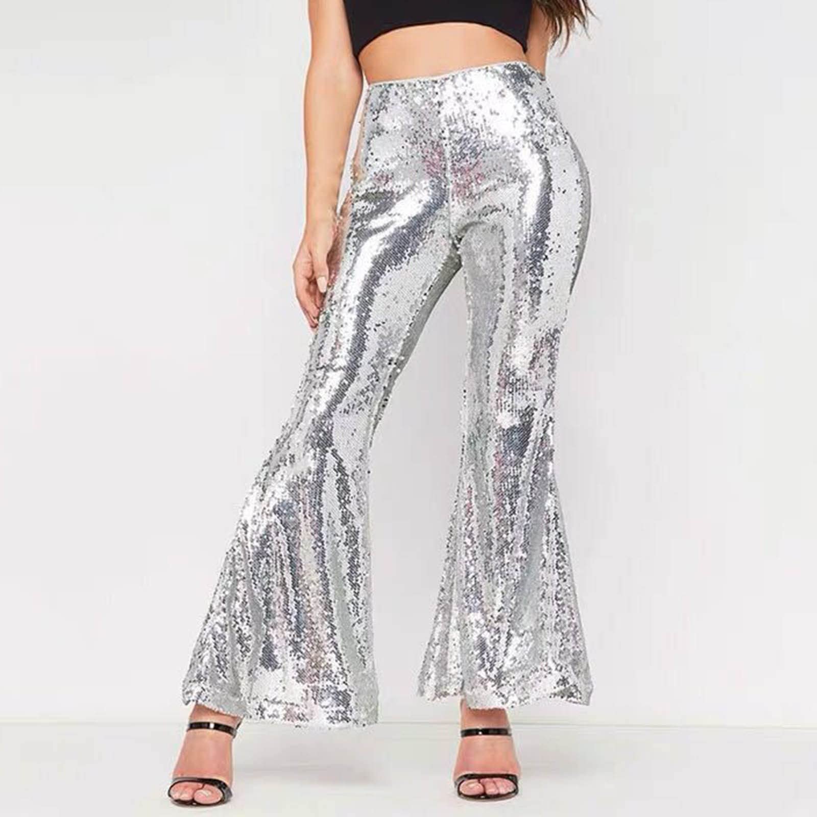 Damen Schlaghose mit Pailletten Damen Karneval Hosen Glänzend Wetlook Metallic Cargohose Leggings Silber Metallic Damen Glitzer Hose Silber Metallic Damen High Waist Schlaghose Party