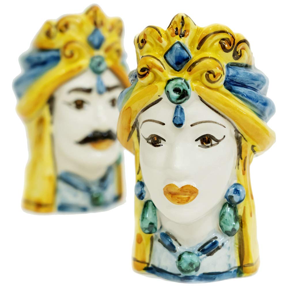 Generico Coppia teste di moro Caltagirone giallo in ceramica siciliana vasetti piccoli 15 cm