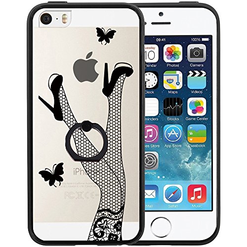 iPhone SE Case, SwiftBox Clear Black Design Built-in Ring Kickstand Coated Frosted Surface Textured Case for iPhone 5/5S/SE with Tempered Glass Screen Protector (Lace Silk Stockings)
