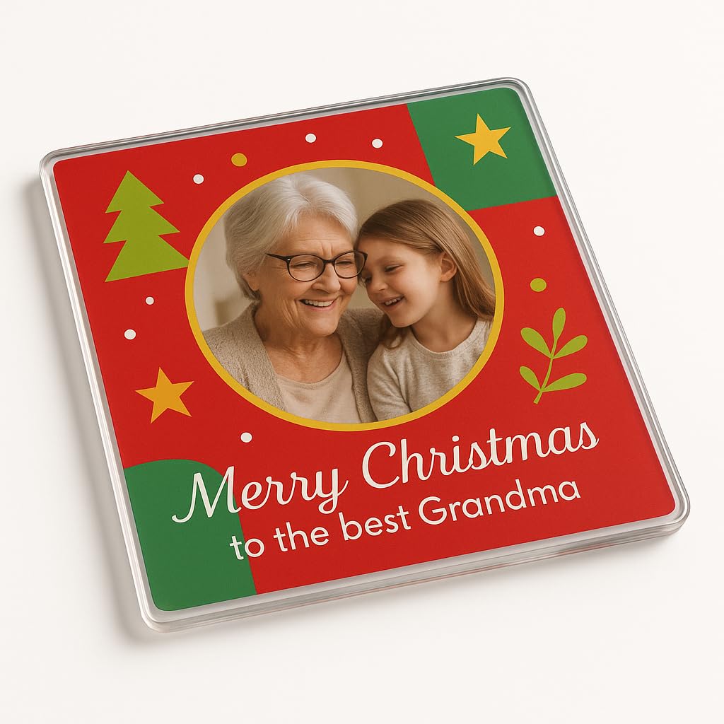 Acrylic Coaster Gift with Personalised Christmas Photo Design - Festive Grandma Cheer for Holiday Celebration