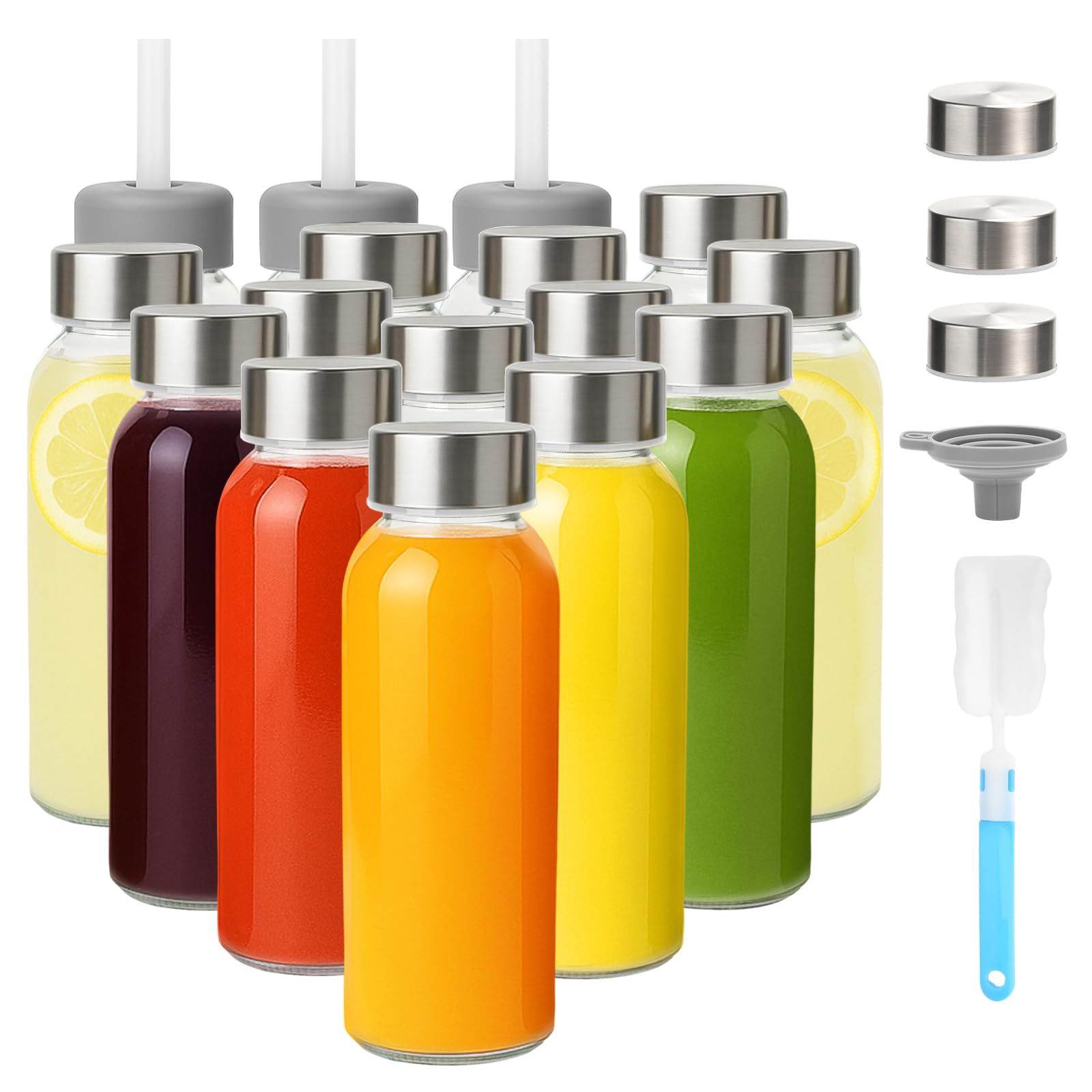 Zukro 10 oz Small Glass Juice Bottles with Stainless Steel Lid, 16-Pack